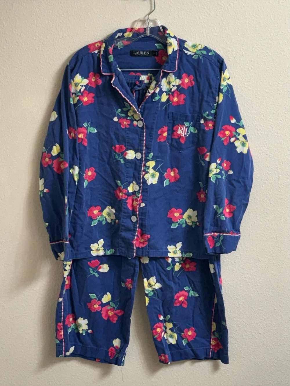 Lauren Ralph Lauren Floral Pajama Set Women’s Large Blue Cotton Blend Sleepwear